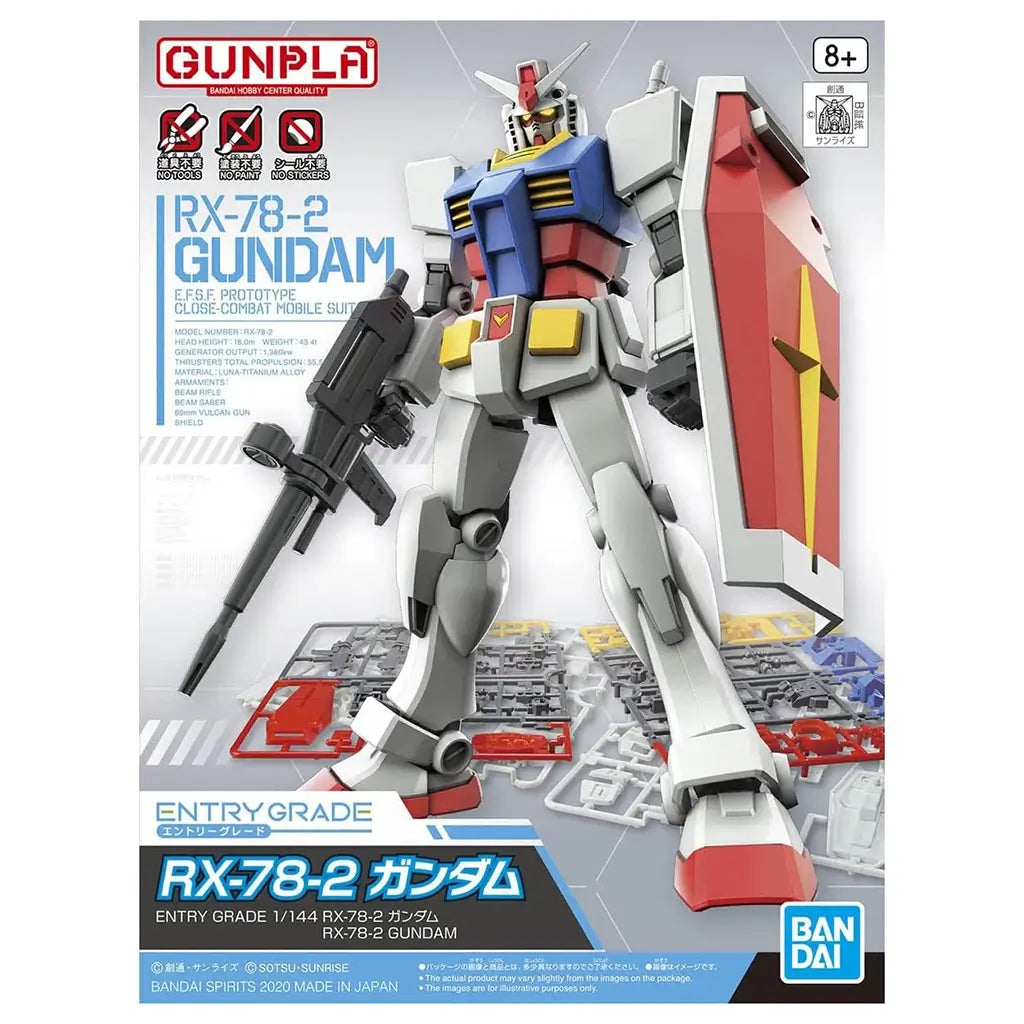 Bandai Gunpla RX-78-2 Gundam Entry Grade 1/144 scale model kit box featuring white, blue, red, and yellow mobile suit artwork with shield and rifle, displayed over sprue parts background.