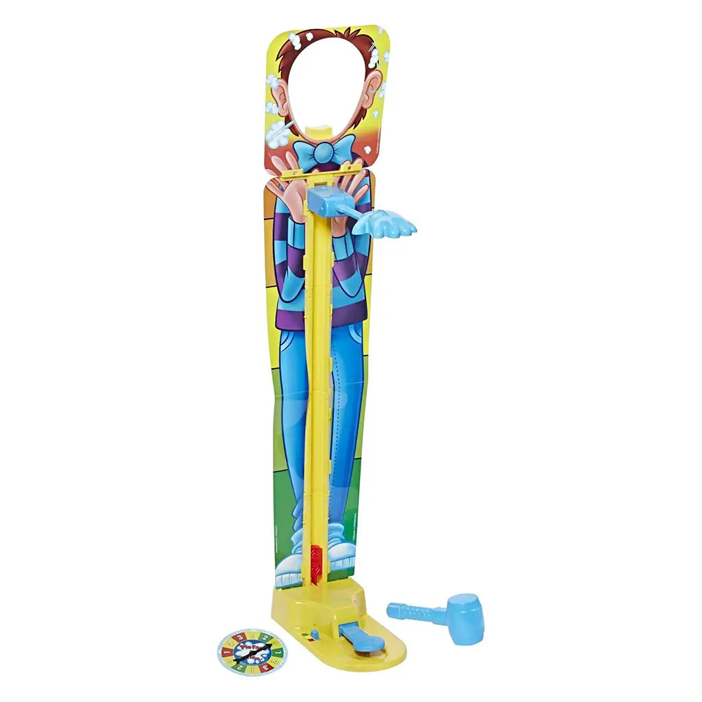 Pie Face Sky High game set showing tall colorful stand, pie-throwing arm, blue mallet, and spinner piece on white background, highlighting included components.