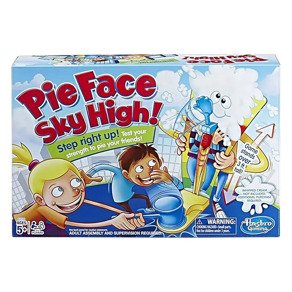 Hasbro Gaming Pie Face Sky High game box featuring cartoon children playing, a tall pie-throwing tower, and bold red title text on a bright blue background.