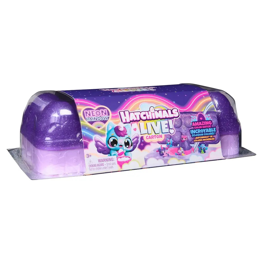 Hatchimals Alive Neon Rainbow egg carton set packaging with purple starry design, cartoon characters, rainbow graphics, and product window highlighting interactive color hatch eggs for kids play.