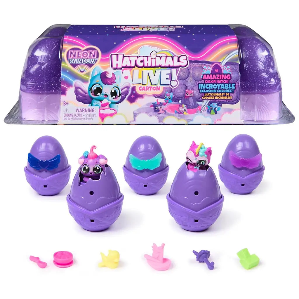 Purple Hatchimals Alive Neon Rainbow egg carton set with glossy plastic eggs, pastel rainbow accents, and playful character theme, displayed as a reusable carton for interactive color hatch play on white.