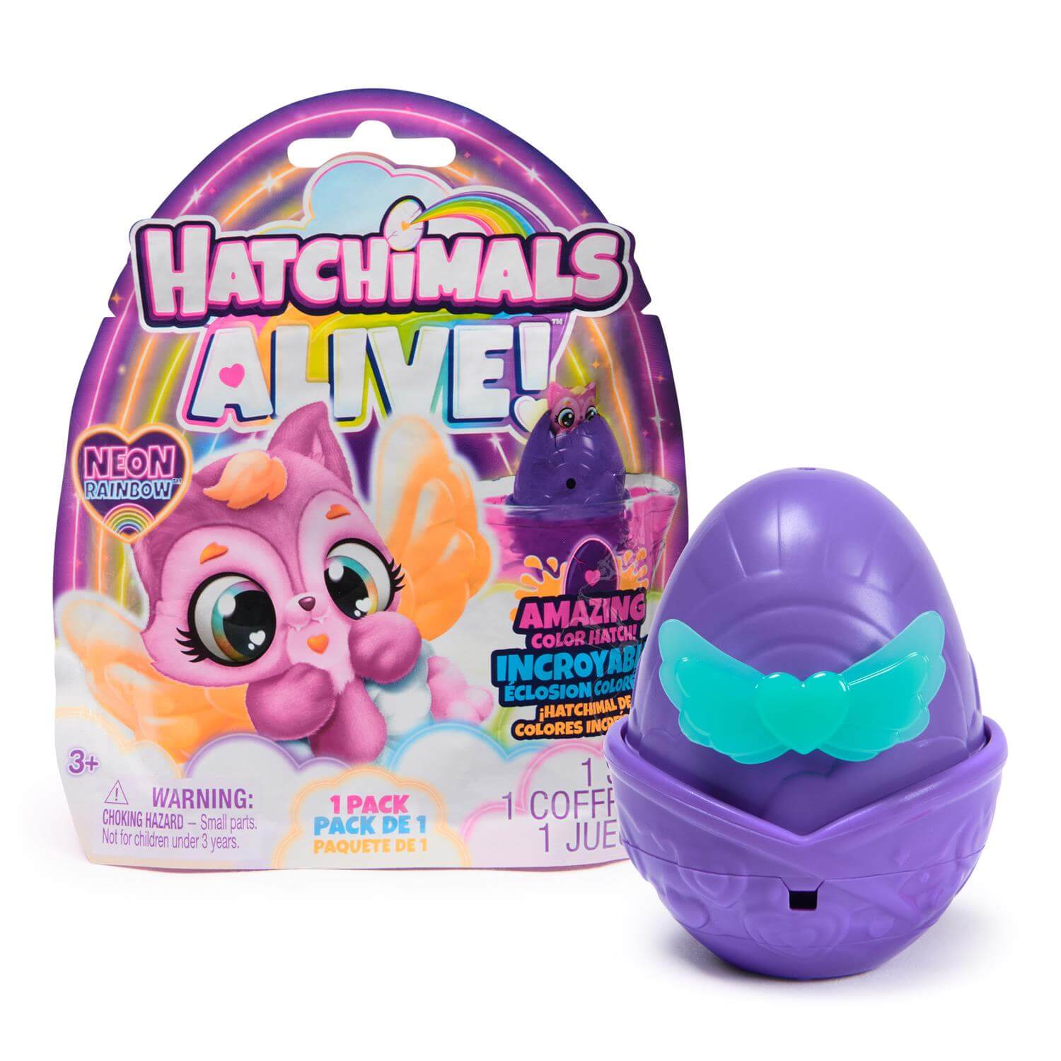 Hatchimals Alive toy packaging with a purple egg on a white background