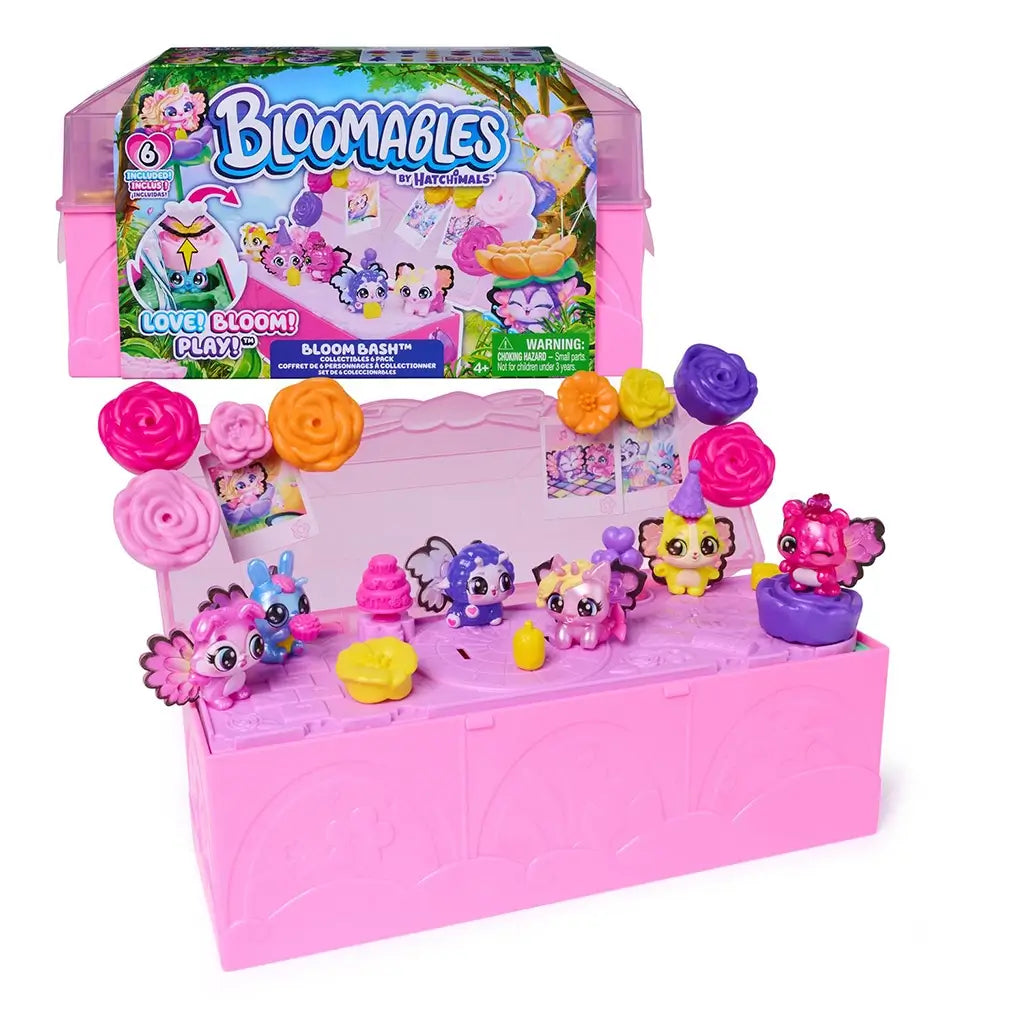 Hatchimals Bloomables Bloom Bash collectible mystery pack package showing bright printed box, character artwork, brand logos, and clear explanation of blooming play features designed for surprise toy collecting.
