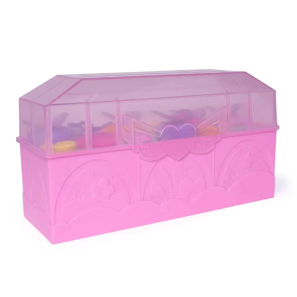 Hatchimals Bloomables Bloom Bash terrarium chest in translucent pink plastic with molded floral arches and hinged lid, designed to store collectible figures and transform into a colorful garden party playset.