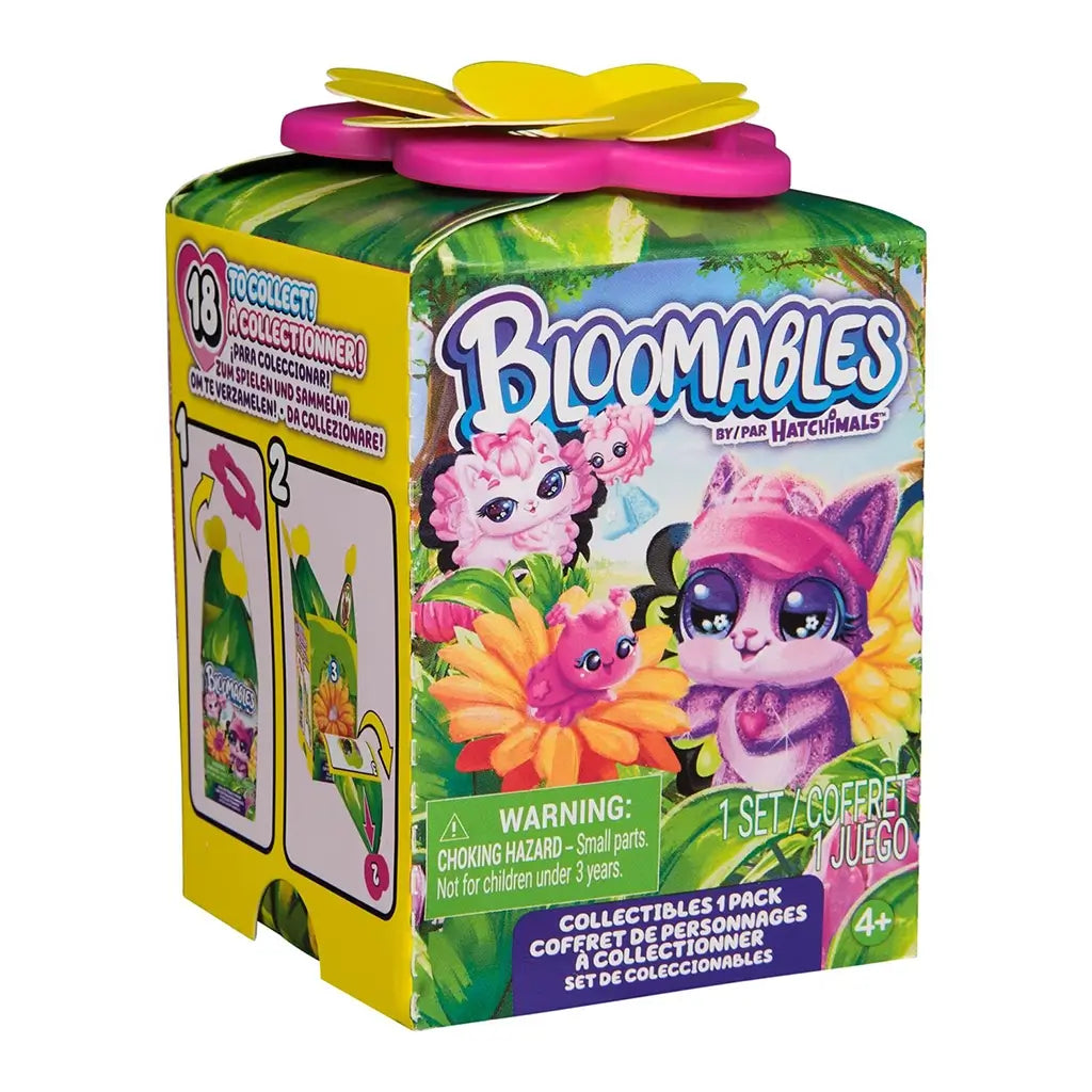 Hatchimals Bloomables surprise blind box package featuring green and yellow cardboard box with flower-shaped top, colorful character artwork, Bloomables branding, age 4+ label, and jungle-themed illustrations on all sides.
