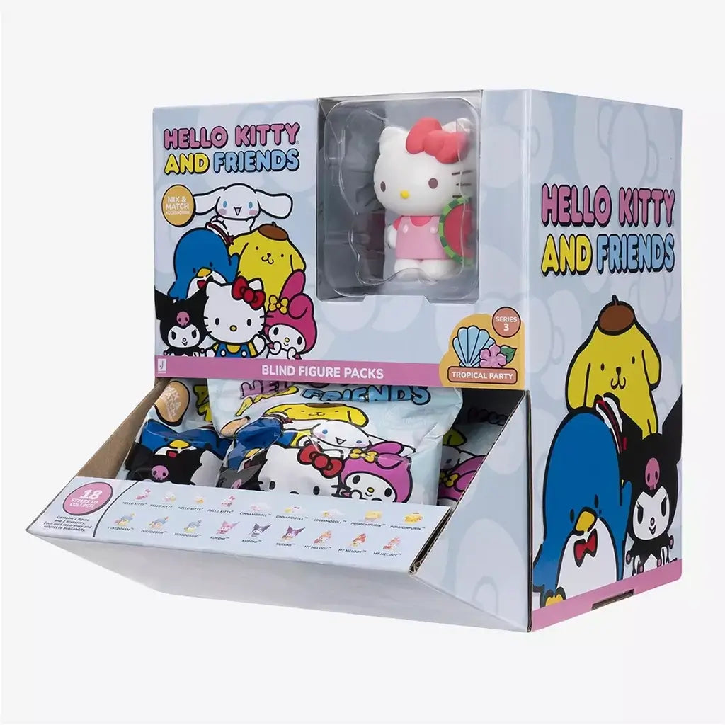 Hello Kitty and Friends blind figure display box in pastel colors shows illustrated Sanrio characters, sample figure window, and multiple sealed packs arranged neatly in an open retail carton.