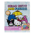 Hello Kitty and Friends blind figure pack features bright pastel packaging with bold character art, showing colorful Sanrio designs and mix-and-match accessory callouts on a clean sky-patterned background.
