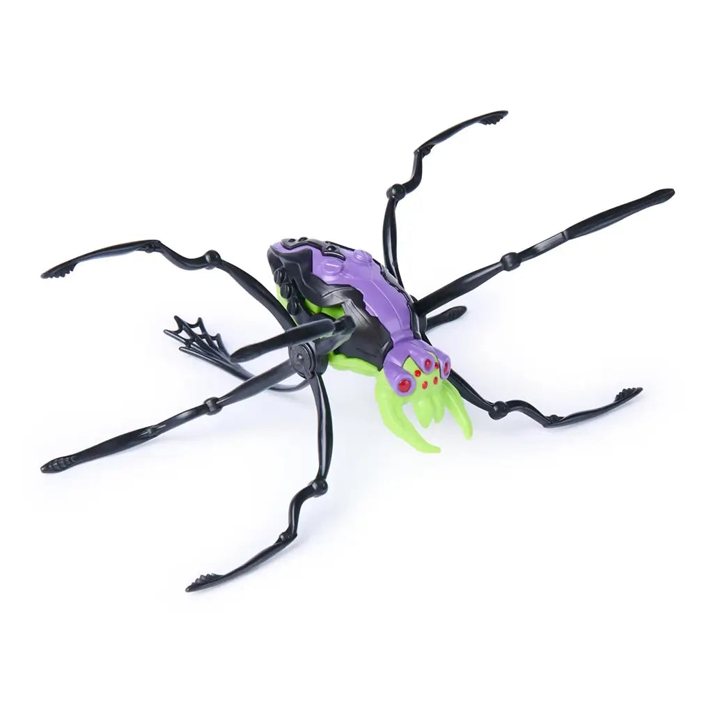 HEX BOTS Skitter Bot spider toy in purple and neon green molded plastic with eight black articulated legs and red eye details, posed in an angled view on a clean white studio background.