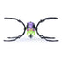 HEX BOTS Skitter Bot spider in purple and bright green molded plastic with curved black legs, red sensor eyes, and fang-like pincers, centered in a front view against a white background.