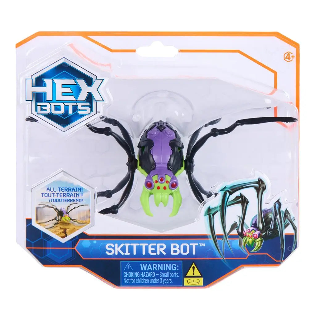 HEX BOTS Skitter Bot remote control spider toy in purple and neon green molded plastic with black jointed legs and red sensor eyes, secured in clear retail packaging with bold logo and warning label.