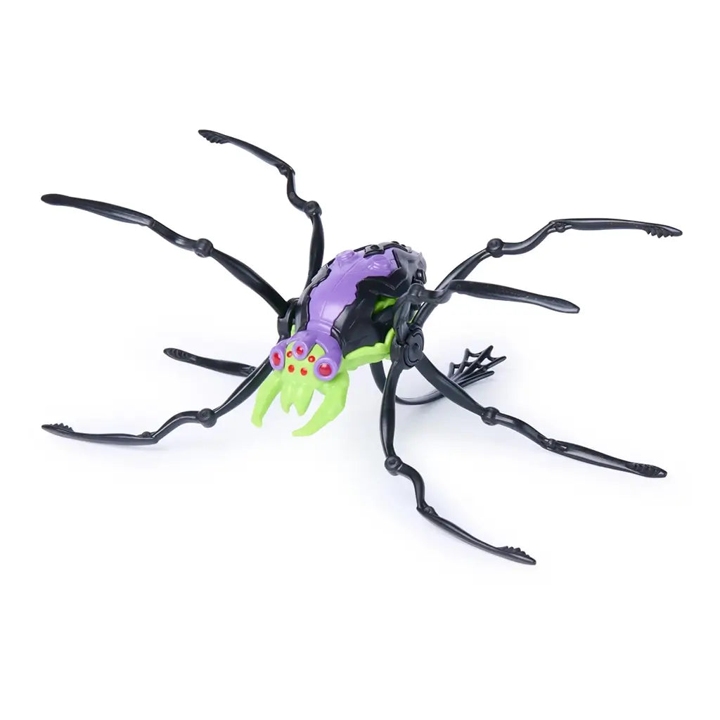 HEX BOTS Skitter Bot remote control spider in purple and neon green molded plastic with flexible black legs and red eye accents, displayed in a dynamic crawling pose on a white background.