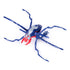 HEX BOTS Skitter Bot remote control spider in navy blue and red molded plastic with curved articulated legs and bright blue eye accents, captured in an angled view on a white background.