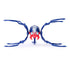 HEX BOTS Skitter Bot spider toy in navy blue and red molded plastic with wide-spread jointed legs and glowing blue sensor eyes, centered in a front-facing view against a white backdrop.