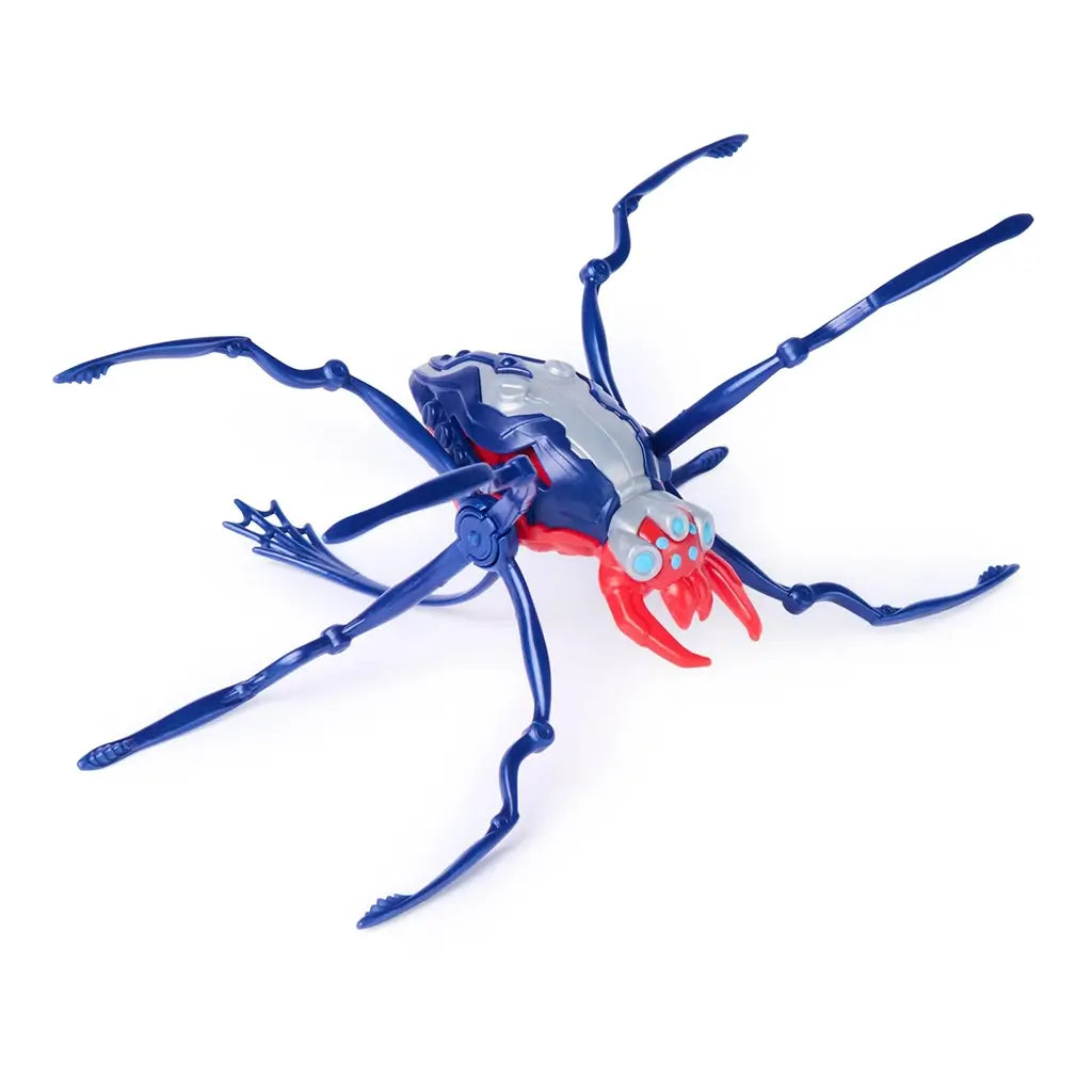 HEX BOTS Skitter Bot spider toy in navy blue and red molded plastic with long articulated legs and glowing blue eye details, posed in a crawling stance on a clean white background.