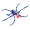 HEX BOTS Skitter Bot spider toy in navy blue and red molded plastic with long articulated legs and glowing blue eye details, posed in a crawling stance on a clean white background.