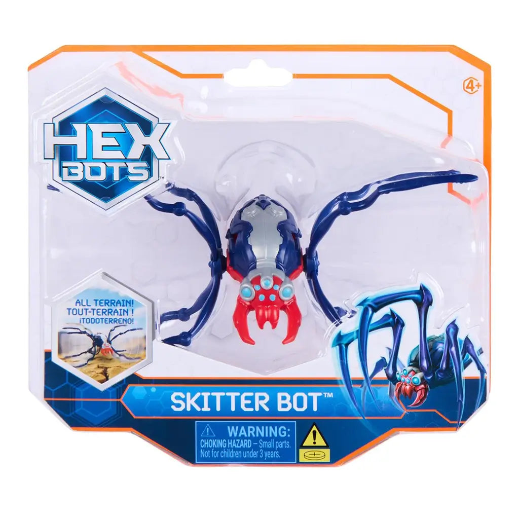 HEX BOTS Skitter Bot remote control spider in navy blue and bright red molded plastic with eight jointed legs and light blue sensor eyes, displayed in clear retail packaging with logo and warning label.