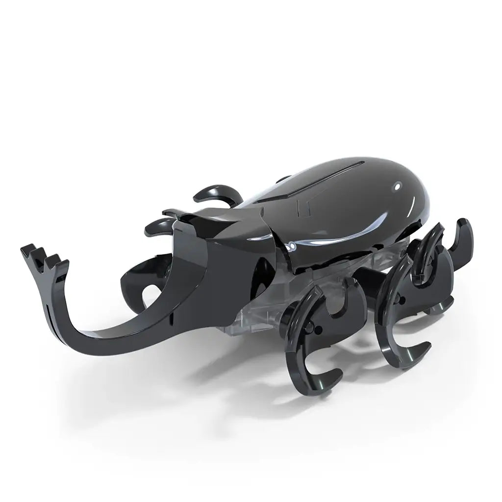 Hex Bots black rhino beetle robot toy made of glossy plastic with curved horn, rounded shell and multiple rotating legs, motorized design for scurrying and bouncing movement, isolated on white background