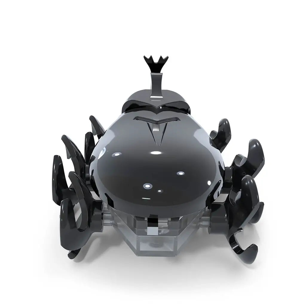 Hex Bots black rhino beetle robot toy with smooth glossy shell, rear view showing rounded body and multiple rotating legs, compact motorized design built for scurrying and bouncing play on white background