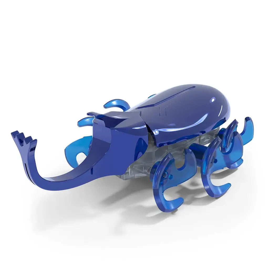Blue robotic beetle toy HEX BOTS in glossy plastic with curved shell and articulated legs, horned front design, motorized crawling action, shown angled on white background.