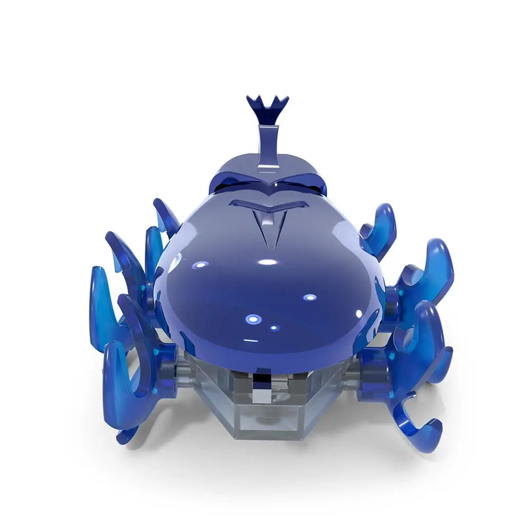 Blue robotic beetle toy HEX BOTS featuring shiny plastic body, rounded dome shape, multiple moving legs and rear horn, battery powered crawling function, front view on white background.