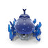 Blue robotic beetle toy HEX BOTS featuring shiny plastic body, rounded dome shape, multiple moving legs and rear horn, battery powered crawling function, front view on white background.