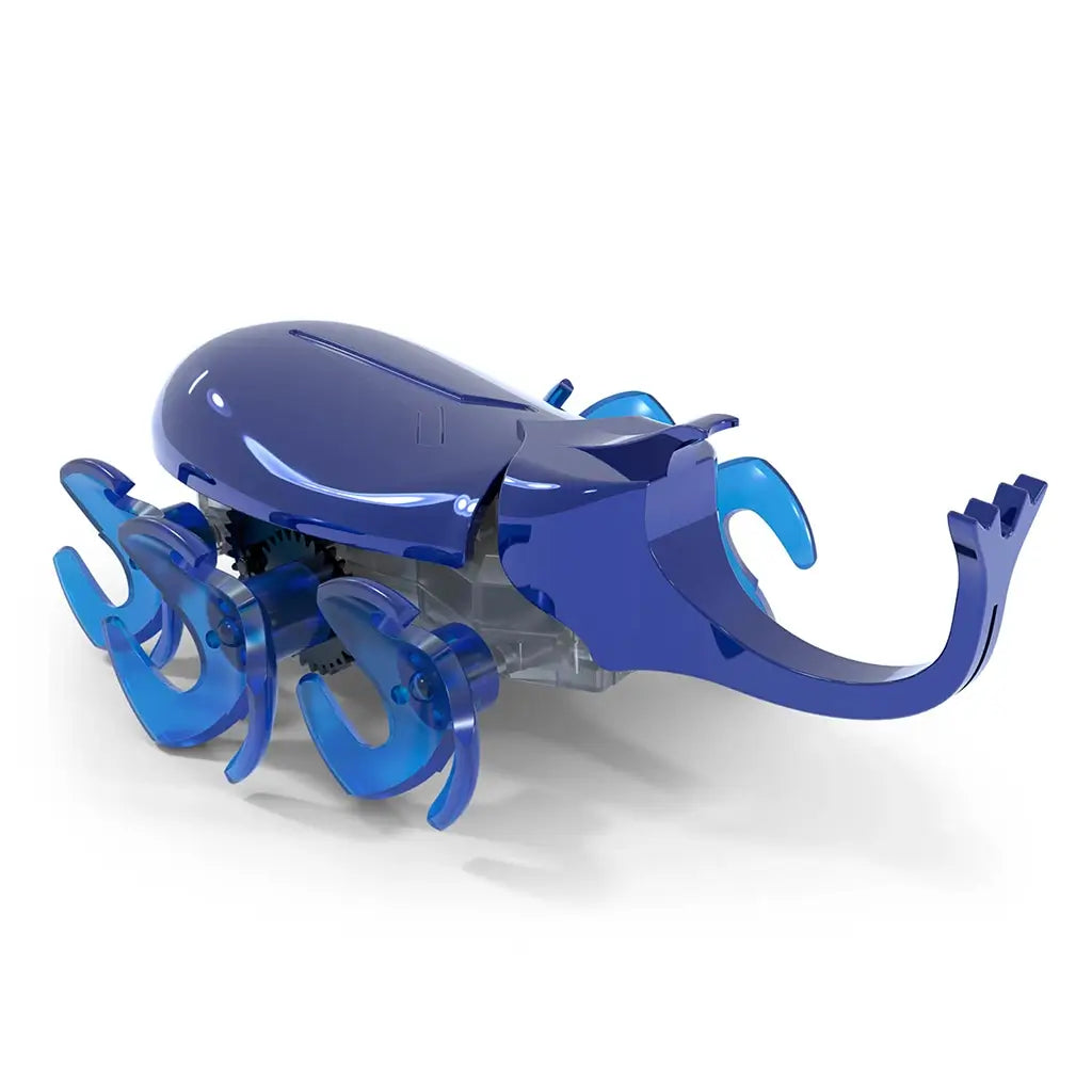 Blue robotic beetle toy HEX BOTS with glossy plastic shell, smooth curved body, motorized legs and horn, designed for crawling play, displayed on clean white background.