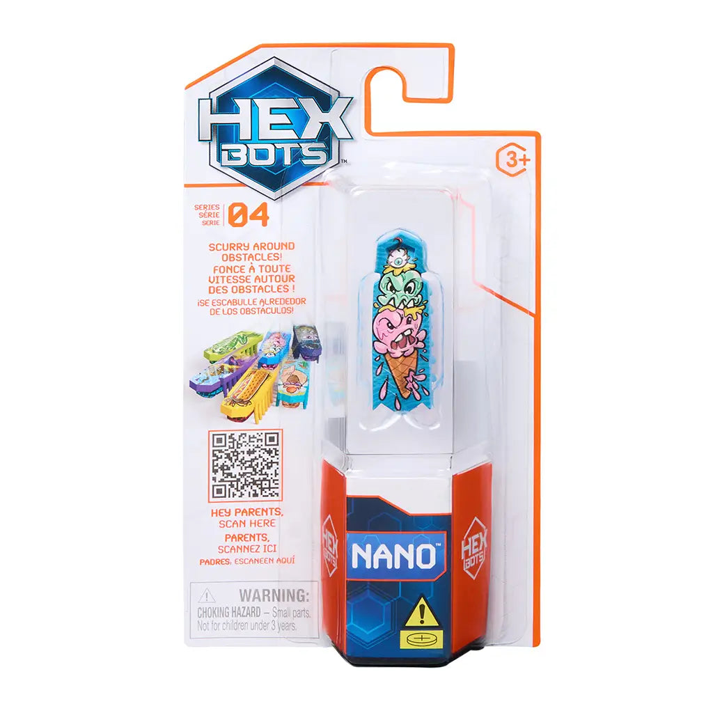 HEXBUG Nano toy packaging in white cardboard and clear plastic blister, tall rectangular form displaying blue robot bug with angry ice cream graphic, retail branding, QR code, and safety label on a clean background.