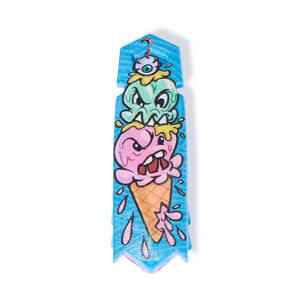 HEXBUG Nano robot bug in bright blue glossy plastic with cartoon angry ice cream graphic, slim rectangular body with angled tip, designed as a vibrating micro robot toy on a plain white background.