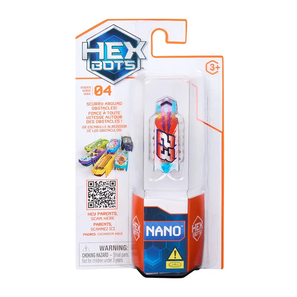 HEXBUG Nano toy robot packaging white and orange cardboard blister pack holding a small multicolor bug-shaped robot with black legs, designed for kids STEM play and obstacle navigation, shown on a white background