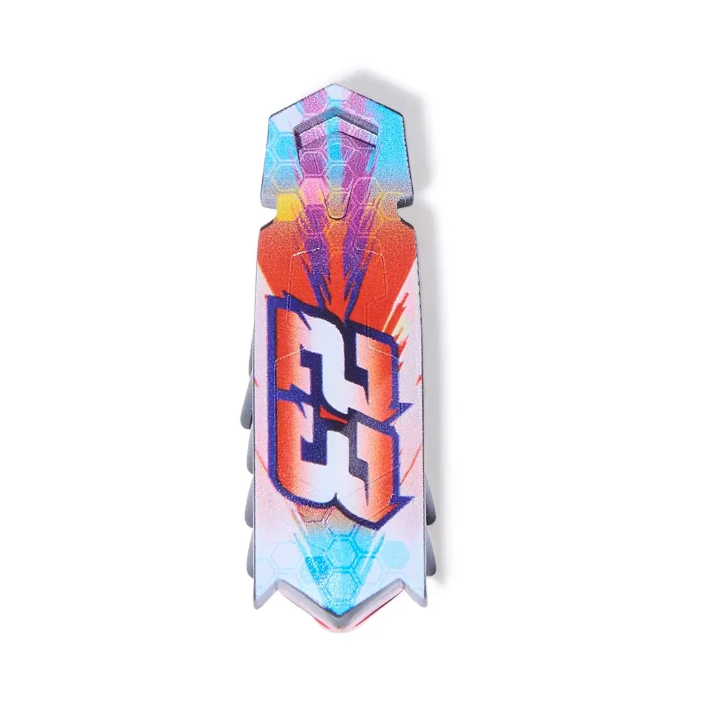 HEXBUG Nano toy robot bright multicolor plastic shell with graphic number design on top and red translucent base, shown in a slim elongated form with multiple black legs for scurrying movement on white background