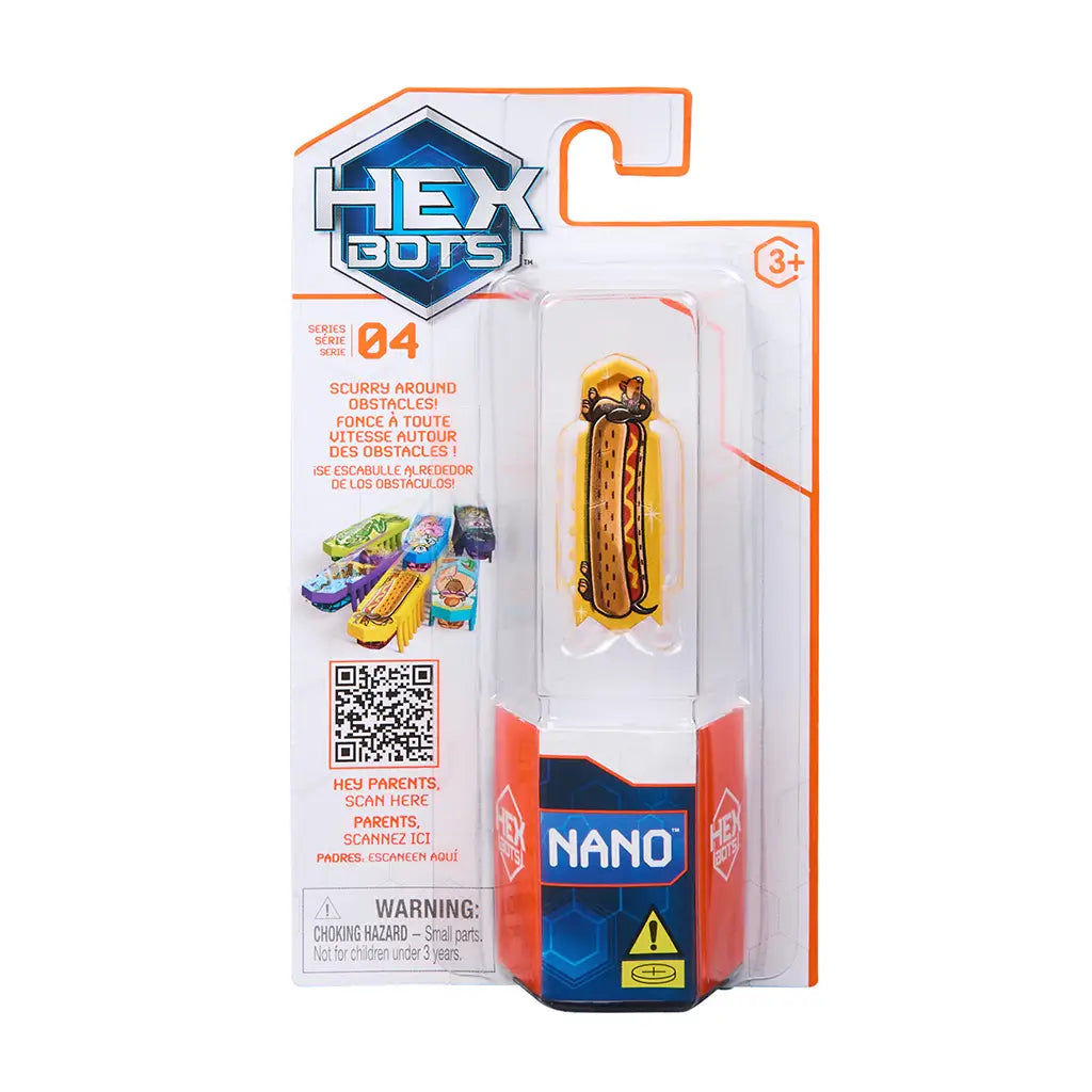 HEXBUG Nano toy packaging in white cardboard and clear plastic blister, tall rectangular form featuring yellow hotdog graphic robot bug, retail branding, QR code, and warning label on a clean studio background.