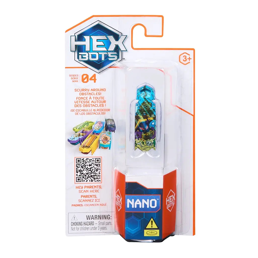 HEXBUG Nano toy robot packaging white and orange cardboard blister pack holding a small multicolor scuba diver themed bug with purple legs, designed for kids STEM play and obstacle navigation, shown on a white background