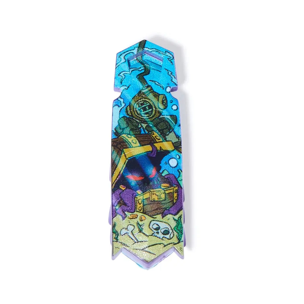 HEXBUG Nano toy robot bright blue and purple plastic shell with scuba diver graphic on top and teal translucent base, shown in a slim elongated insect-like form for fast crawling motion on white background
