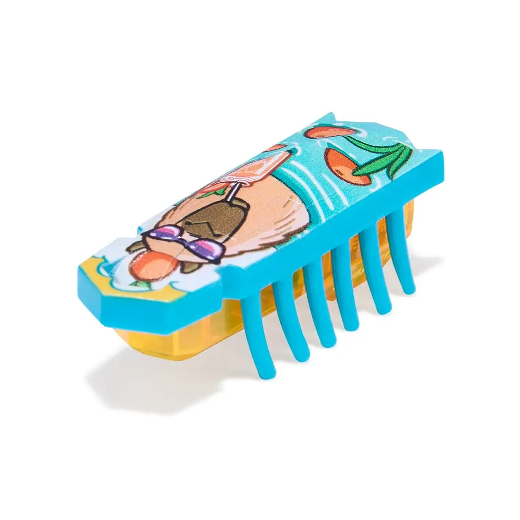 HEXBUG Nano toy robot teal plastic body with llama graphic and yellow translucent base, shown in angled perspective highlighting low insect-like shape and flexible legs for fast crawling play on white background