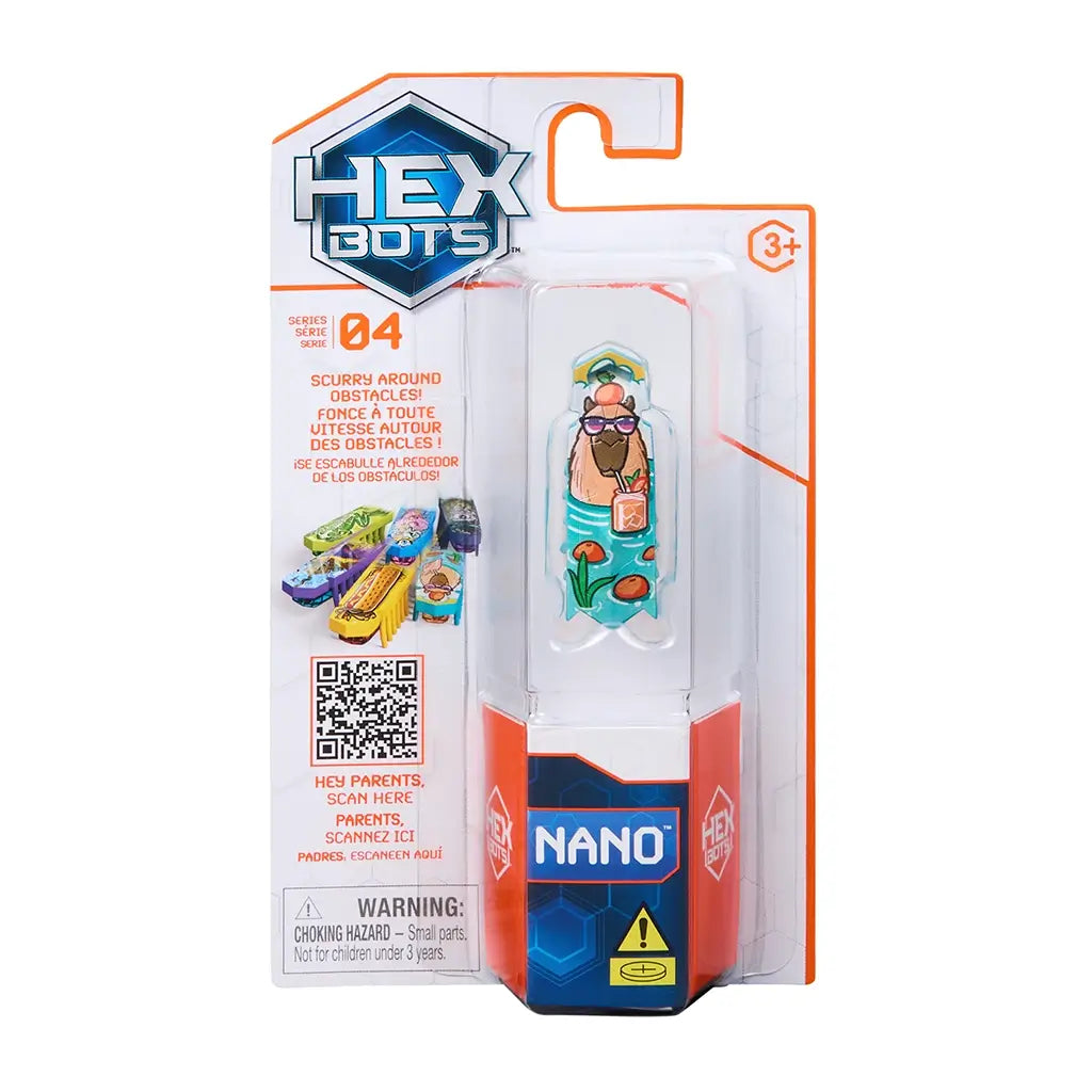 HEXBUG Nano toy packaging white and orange cardboard with clear plastic blister showing a teal robot bug featuring a cartoon llama with sunglasses and drink, displayed for retail on a clean white background