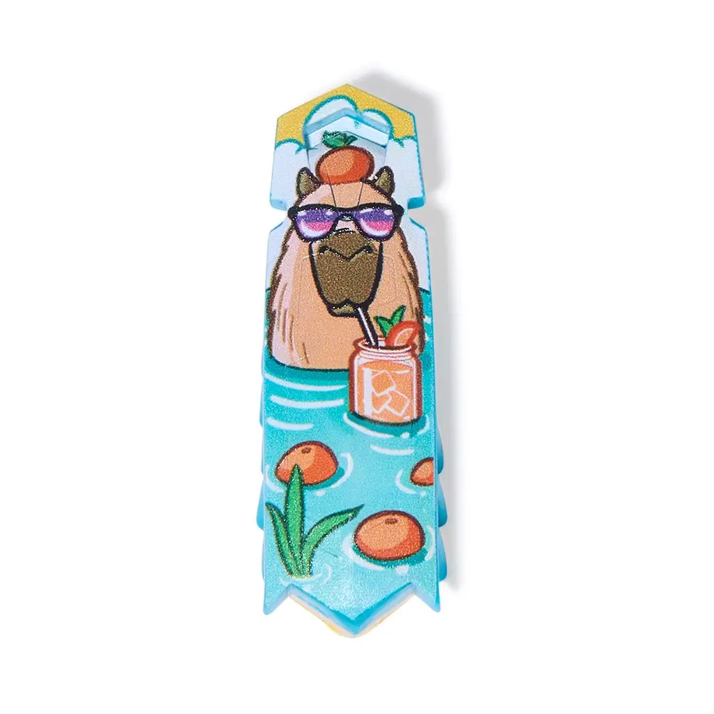 HEXBUG Nano toy robot teal plastic shell with cartoon llama wearing sunglasses and holding a drink, with yellow translucent base and multiple flexible legs in a compact insect-like form on a white background