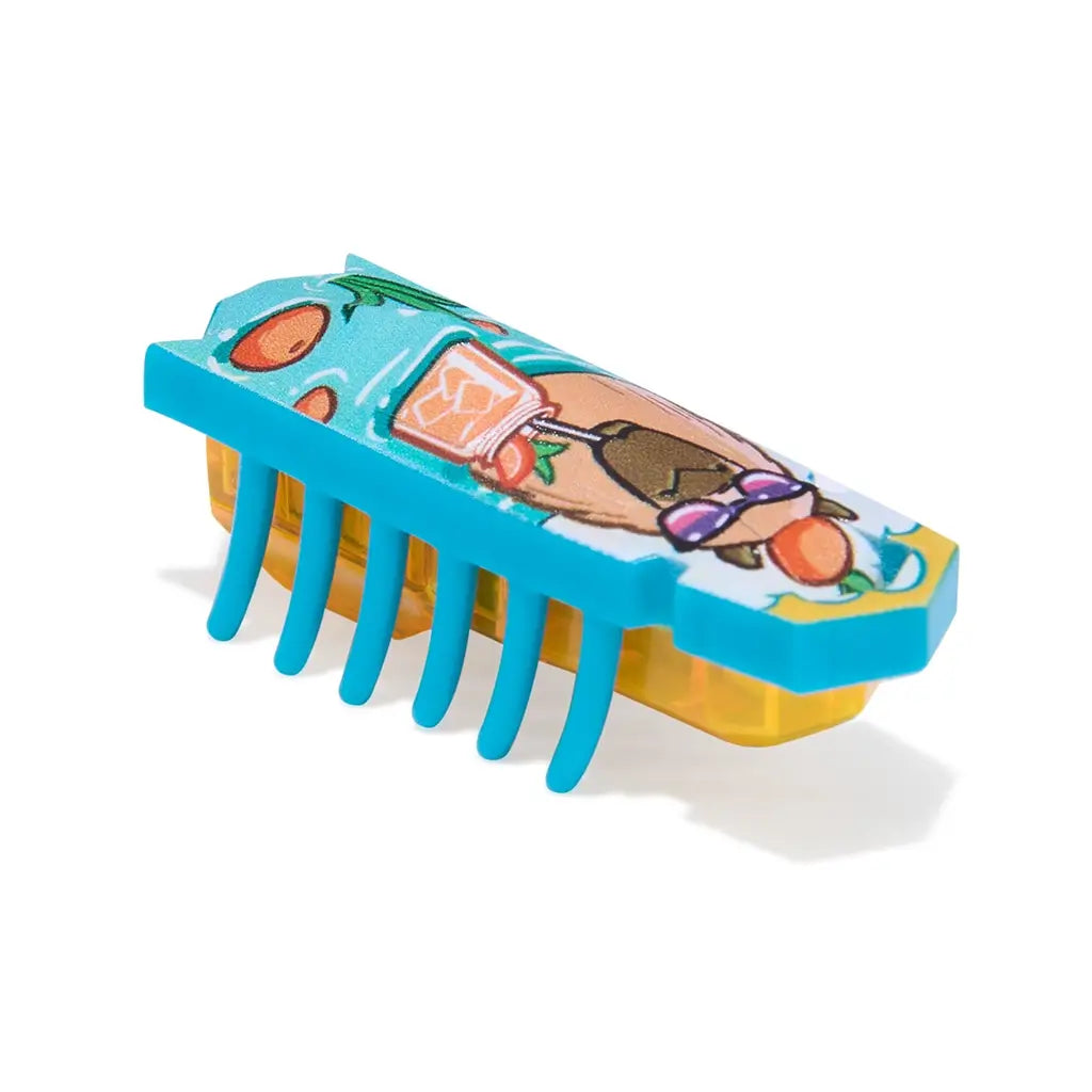 HEXBUG Nano toy robot teal plastic shell featuring a cartoon llama with sunglasses and drink, paired with a yellow translucent base and multiple flexible legs in a slim insect-like form on a white background