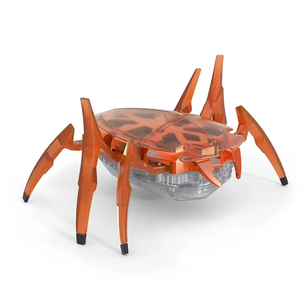 Hex Bots orange robotic scarab toy with translucent plastic shell, angular body and six segmented legs, battery-powered crawling design for fast flipping play, isolated on clean white background