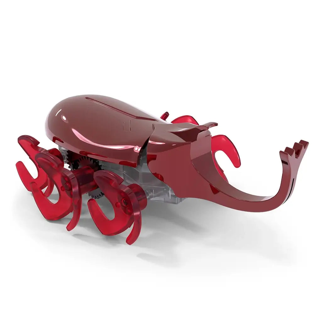 Red robotic beetle toy HEX BOTS featuring translucent glossy plastic, rounded body shell, forward horn and moving legs, designed for motorized crawling play, shown angled on white background.