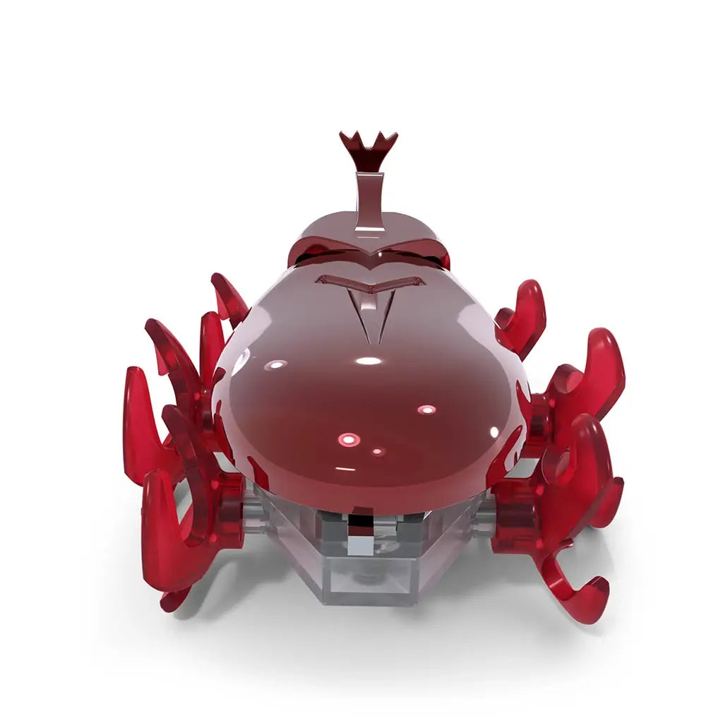 Red robotic beetle toy HEX BOTS in glossy plastic with smooth rounded shell, horned front and multiple moving legs, battery powered crawling design, rear view on white background.
