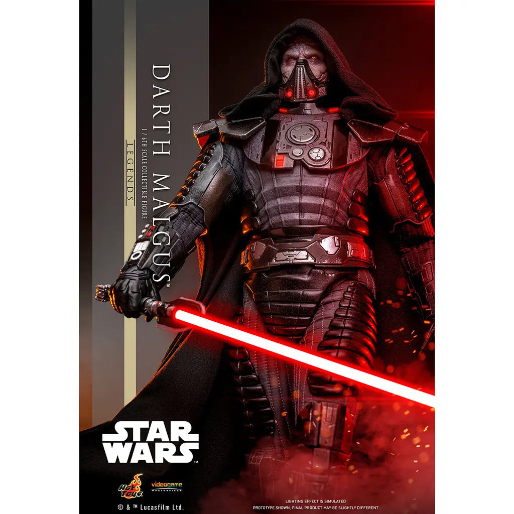 Hot Toys Darth Malgus figure in black layered armor and hooded fabric cape grips a glowing red lightsaber amid red lighting, sparks, and Star Wars promotional graphics.