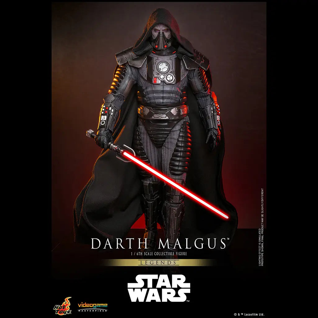 Hot Toys Darth Malgus figure wears black textured armor and hooded cape while holding a glowing red lightsaber, posed against a dark red Star Wars promotional backdrop.