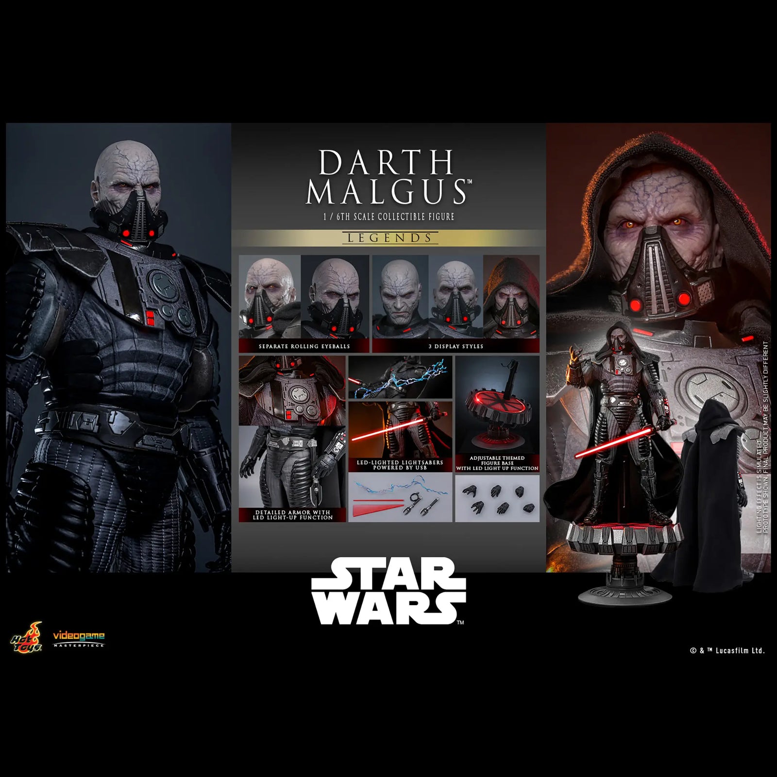 Hot Toys Darth Malgus figure feature collage shows black armor, alternate head displays, red LED lightsaber, light-up base, Force lightning effects, hands, and cape.