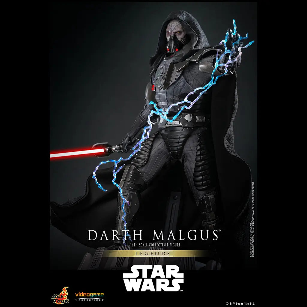 Hot Toys Darth Malgus figure in black armored suit and hooded cape holds a red lightsaber while blue Force lightning arcs from his raised hand against a dark backdrop.