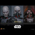 Hot Toys Darth Malgus figure head display shows three gray scarred portraits: unmasked, respirator mask, and hooded mask styles, with red armor lights on a dark backdrop.