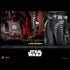 Hot Toys Darth Malgus figure armor details show black textured chest plates, red LED controls, illuminated forearm panel, utility belt, and ribbed leg armor in close-up.