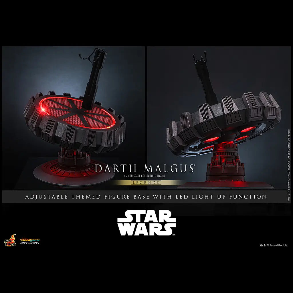 Hot Toys Darth Malgus figure display base is black and gray with an angular circular platform, adjustable support arm, and red LED lighting shown from two angles.