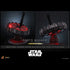 Hot Toys Darth Malgus figure display base is black and gray with an angular circular platform, adjustable support arm, and red LED lighting shown from two angles.
