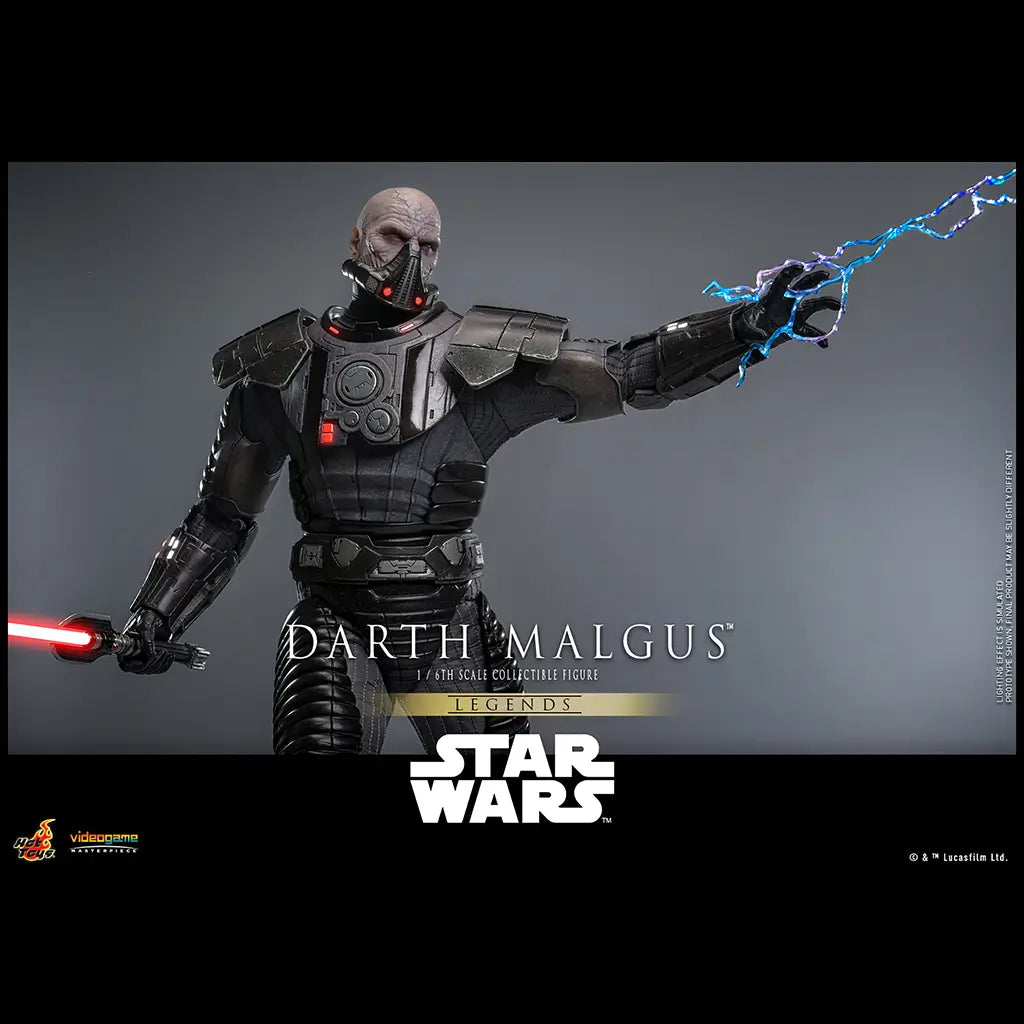 Hot Toys Darth Malgus figure in black textured armor extends one arm with blue Force lightning while holding a red lightsaber, posed against a smooth gray background.