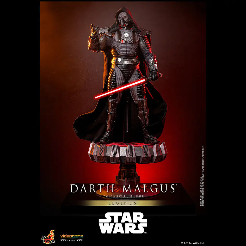 Hot Toys Darth Malgus figure in black armor and hooded cape stands on a detailed circular display base, holding a glowing red lightsaber against a red-lit backdrop.